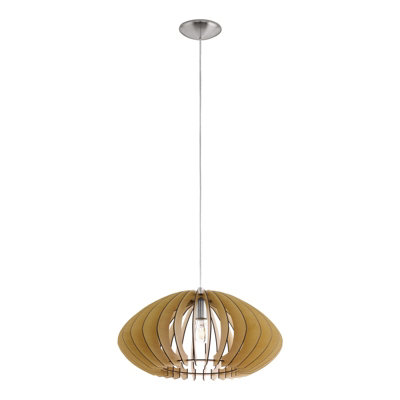 Satin Nickel Pendant Ceiling Light with Maple Wood Shade and E27 Bulb Holder