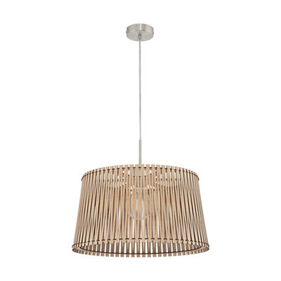 Satin Nickel Pendant Ceiling Light with Maple Wood Shade and E27 Bulb Socket