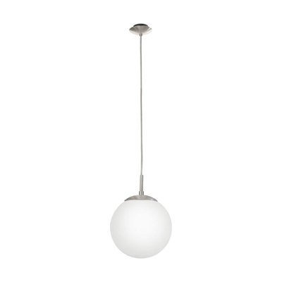 Satin Nickel Pendant Ceiling Light with White Opal Glass Shade - E27 Bulb Compatible