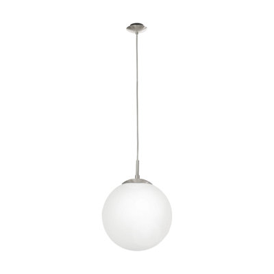 Satin Nickel Pendant Ceiling Light with White Opal Glass Shade - E27 Bulb Compatible