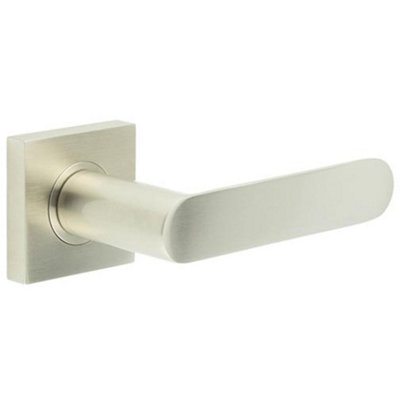 Satin Nickel Square Door Handle with Plain Rose - Durable Brass Hardware - Solid Brass Interior Handle
