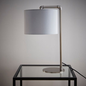 Satin Nickel Table lamp with a grey drum lampshade and Pipe style Industrial retro finish for a Modern look