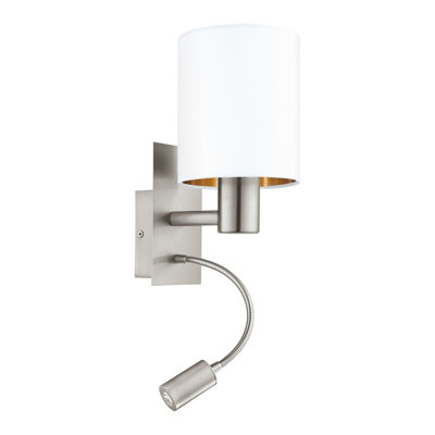 Satin Nickel Wall Light with White Fabric Shade and LED Bulb