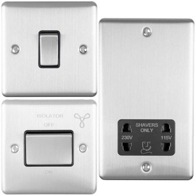 SATIN STEEL Bathroom Switch Set -1 Light - 1 Fan Isolator - 1 Twin Shaver Socket