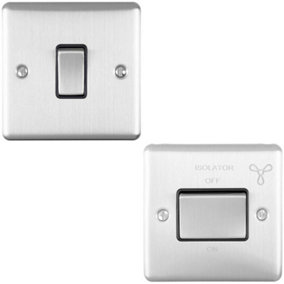 SATIN STEEL Bathroom Switch Set - 1x Light & 1x 6A Extractor Fan Isolator Switch