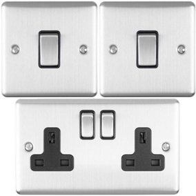 SATIN STEEL Bedroom Socket & Switch Set - 1x Light & 2x Double UK Power Sockets