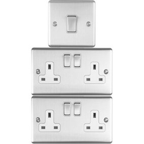 SATIN STEEL Bedroom Socket & Switch Set- 1x Light & 2x Double UK Power Sockets