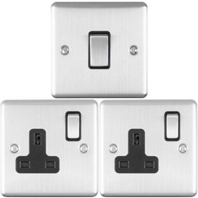 SATIN STEEL Bedroom Socket & Switch Set - 1x Light Switch & 2x UK Power Sockets