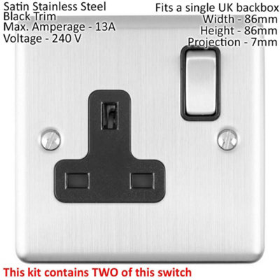 SATIN STEEL Bedroom Socket & Switch Set - 1x Light Switch & 2x UK Power ...