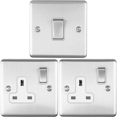 SATIN STEEL Bedroom Socket & Switch Set- 1x Light Switch & 2x UK Power Sockets