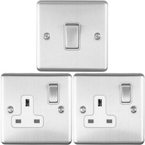 SATIN STEEL Bedroom Socket & Switch Set- 1x Light Switch & 2x UK Power Sockets