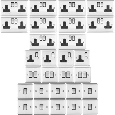 SATIN STEEL House Socket & Switch Set -14x Light & 14x Switched UK Power Sockets