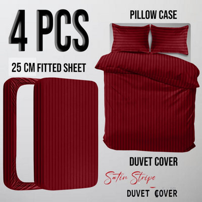 Satin Stripe Duvet Cover Reversible 4-Piece Quilt Cover With 25cm Fitted Sheet + Pillowcases Single Double King Super King Sizes