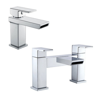 Saturn Waterfall Design Basin Sink Mono Mixer Tap & Deck Mounted Bath Filler Tap