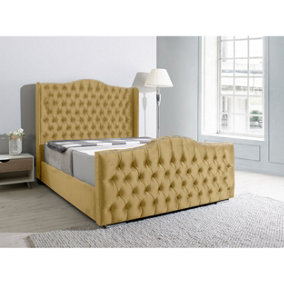 Saturn Wing Plush Bed Frame With Winged Headboard - Beige