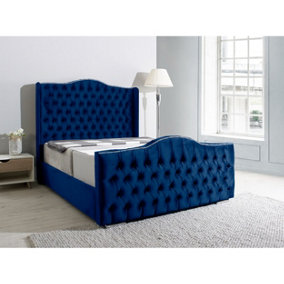 Saturn Wing Plush Bed Frame With Winged Headboard - Blue