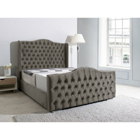 Saturn Wing Plush Bed Frame With Winged Headboard - Grey