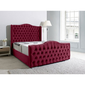 Saturn Wing Plush Bed Frame With Winged Headboard - Maroon