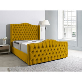 Saturn Wing Plush Bed Frame With Winged Headboard - Mustard Gold