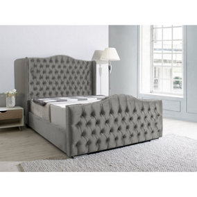 Saturn Wing Plush Bed Frame With Winged Headboard - Silver