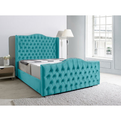 Saturn Wing Plush Bed Frame With Winged Headboard - Teal