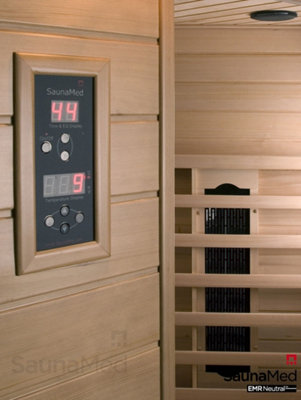 SaunaMed 4-5 Person Indoor Corner Classic Hemlock FAR Infrared Sauna EMR Neutral™