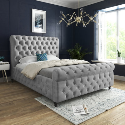 Savana Sleigh Upholstered Soft Velvet Grey Bed Frame