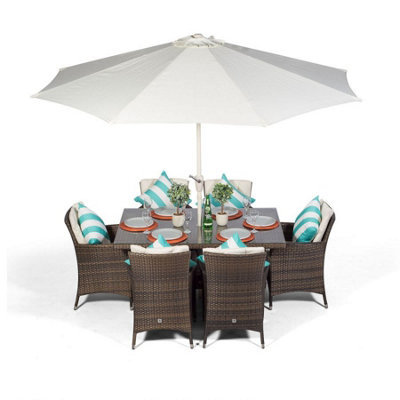 Savannah Rectangular 6 Seater Rattan Patio Dining Set - Brown