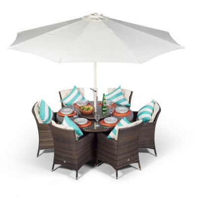 Savannah Round 6 Seater Rattan Patio Dining Set - Brown