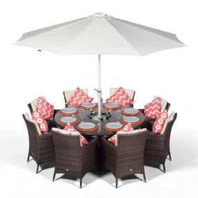 Savannah Round 8 Seater Rattan Dining Set with Ice Bucket Drinks Cooler - Brown