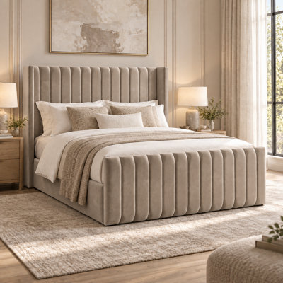 Savannah Winged Plush Velvet Ottoman Sleigh Bed, with Ortho Mattress ...