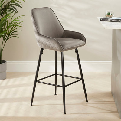Savoy Storm Grey Velvet Bar Stool 72cm Seat Height Black Satin Metal ...