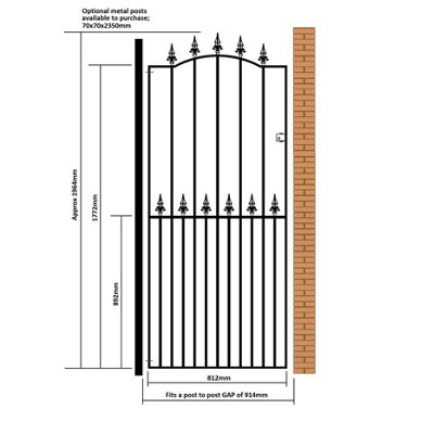 SAXA Spear Top Tall Bow Top Metal Garden Gate 914mm GAP x 1964mm High SAZP32