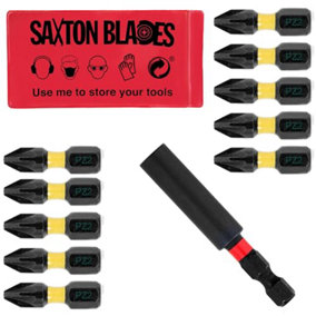 Saxton 10 x PZ2-25mm Impact Duty Pozi-Drive Screwdriver Drill Driver Bits Set + Magnetic Bit Holder