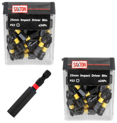 Saxton 48 x PZ2 25mm Impact Duty Pozi-Drive Screwdriver Drill Driver Bits Set + Bit Holder in Tic Tac Box