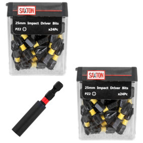 Saxton 48 x PZ2 25mm Impact Duty Pozi-Drive Screwdriver Drill Driver Bits Set + Bit Holder in Tic Tac Box