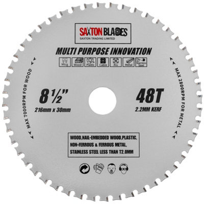 Saxton Multi Purpose Innovation Circular Saw Blade 216mm x 48 Teeth x 30mm Bore + 16, 20 and 25mm Rings