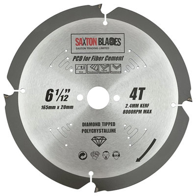 Saxton PCD1654T PCD Circular Saw Blade, 165mm x 4 Teeth Polycrystalline Diamond Tipped Fibre Cement Board, Hard Materials