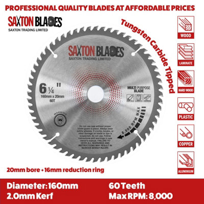 Saxton TCT Laminate Hardwood Aluminium Circular Saw Blade 160mm x 60Teeth x 20mm Bore (16mm ring)