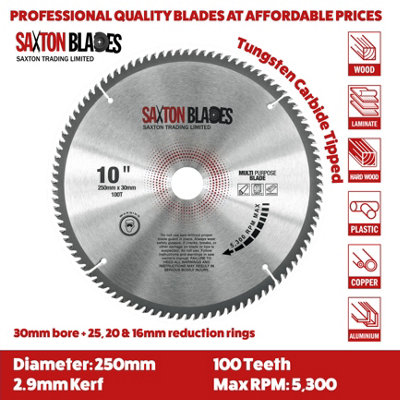 Saxton TCT TCT250100TMPB Laminate Hardwood Aluminium Circular Saw Blade 250mm x 100 Teeth x 30mm Bore + 16,20 and 25mm Rings