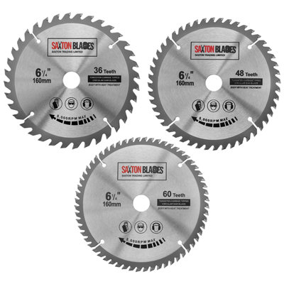 Saxton TCT160MXC TCT Circular Blade 160mm x 36, 48 & 60 Teeth x 20mm Bore & 16mm Ring Pack of 3