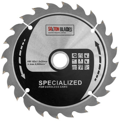 Saxton TCT16524TTCT Thin Kerf TCT Circular Saw Blade 165mm x 24 Teeth x 20mm Bore + 16mm Ring