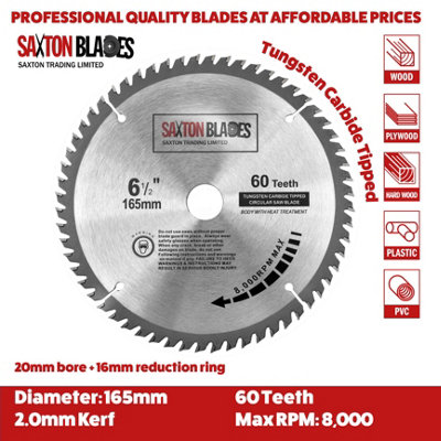 Saxton TCT16560TSK TCT Circular Saw Blade 165mm x 60 teeth x 20mm Bore & 16mm Ring