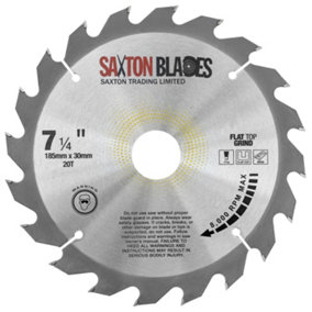Saxton TCT18520TFTG Flat Top Grind TCT Circular Saw Blade 185mm x 20T x 30mm Bore + 16, 20, 25mm Rings