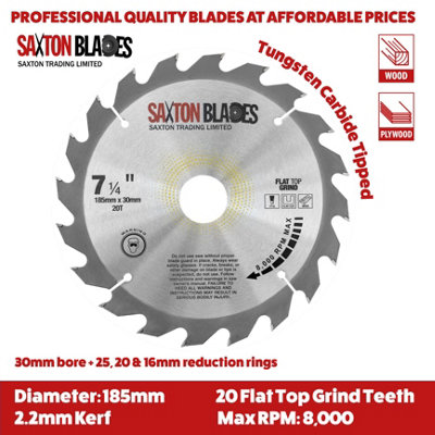 Saxton TCT18520TFTG Flat Top Grind TCT Circular Saw Blade 185mm x 20T x 30mm Bore + 16, 20, 25mm Rings