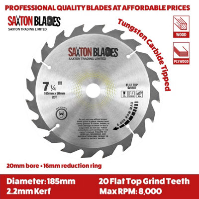 Saxton TCT18520TFTG20B 185mm x 20Teeth x 20mm Bore & 16mm Ring Flat Top Grind Circular Saw Blade