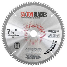 Saxton TCT18580TTCG TCT Circular Saw Blade 185mm x 80T x 30mm Bore + 16, 20, 25mm Ring Aluminium Laminate Hardwood