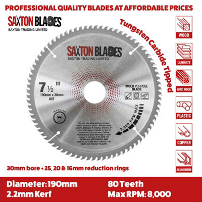 Saxton TCT19080TTCG TCT Circular Saw Blade 190mm x 80T x 30mm Bore (16, 20 and 25.4mm ring)