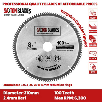 Saxton TCT210100T TCT Circular Saw Blade 210mm x 100 Teeth x 30mm Bore + 16, 20 and 25mm Rings