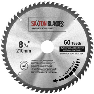 Saxton TCT21060T TCT Circular Saw Blade 210mm x 60 Teeth x 30mm Bore + 16, 20 and 25mm Rings